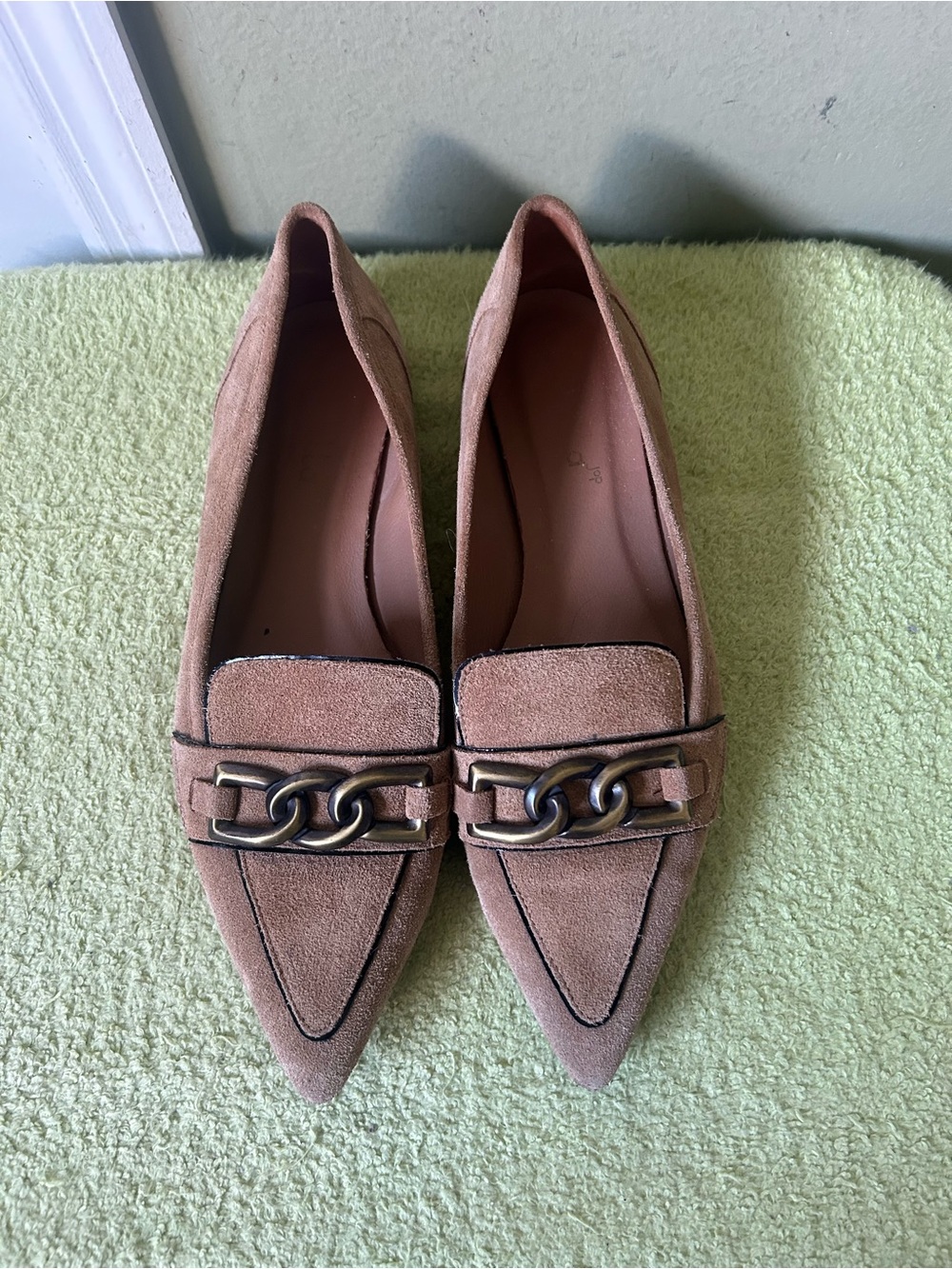 Renatta Made In Spain Pointed Toe Suede Loafers in Tan with Chain Accent